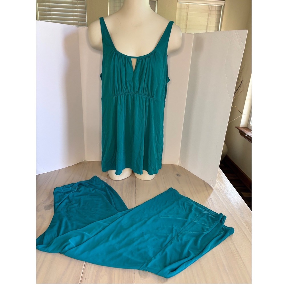 Natori Womens XL Teal Blue Babydoll Pajama Set Sleeveless Top & Wide Leg Pants